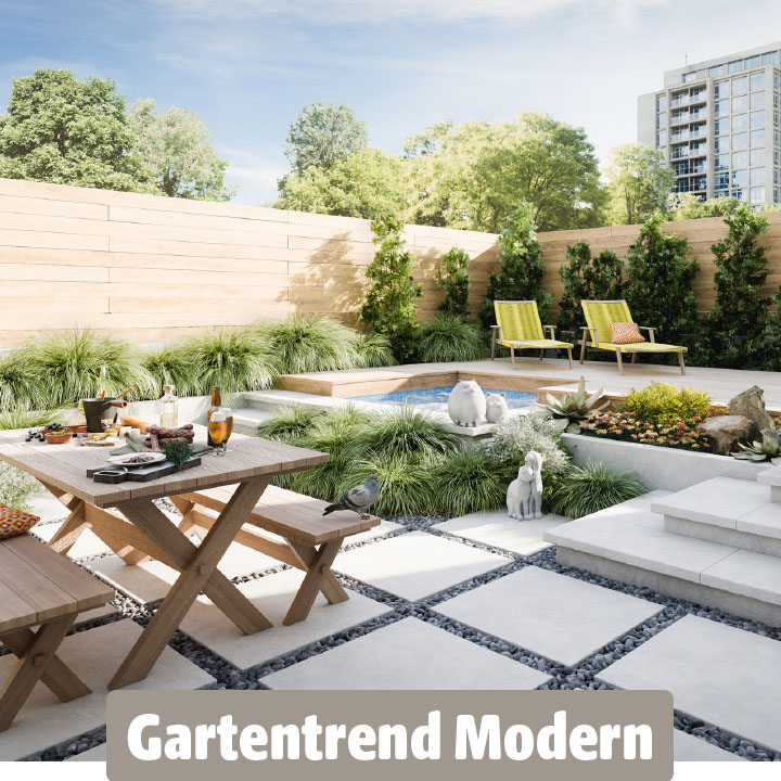 Moderner Garten mit klaren Linien, Holzterrasse, Lounge-Bereich und stilvoller Bepflanzung.