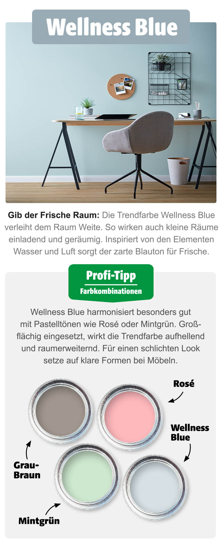 Büro mit der Wandfarbe Wellness Blue und vier Farbtöpfen mit Farbkombinationen