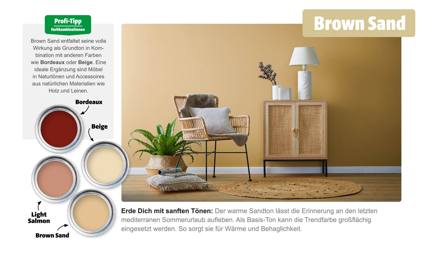 Sitzecke mit der Wandfarbe Brown Sand und vier Farbtöpfen mit Farbkombinationen