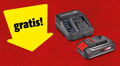 Ein gelber Pfeil zeigt auf ein Akku-Start Set von Einhell