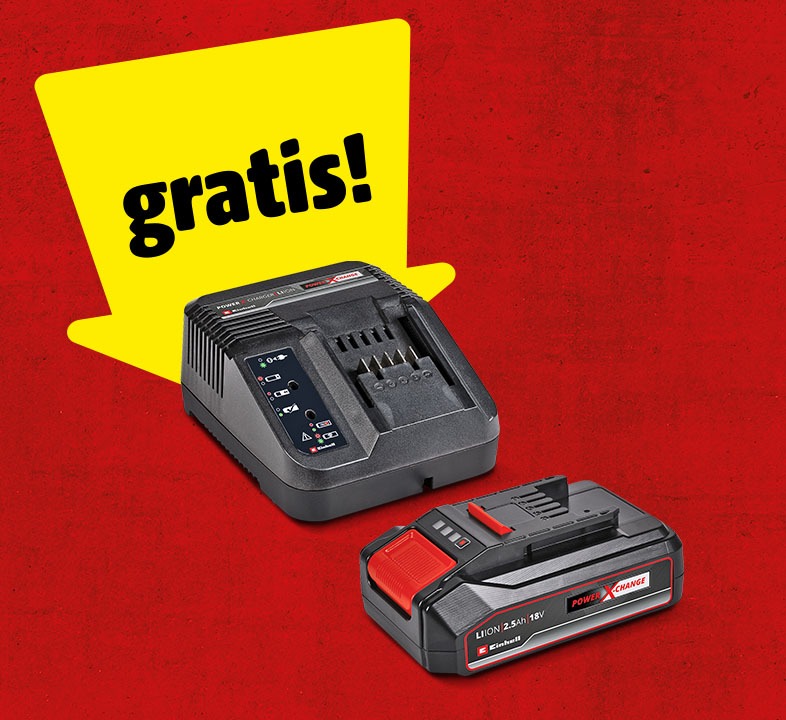 Ein gelber Pfeil zeigt auf ein Akku-Start Set von Einhell