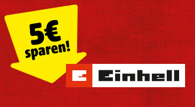 Ein gelber Pfeil auf dem 5€ sparen steht, zeigt auf das Markenlogo von Einhell