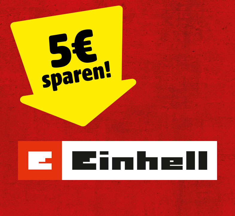Ein gelber Pfeil auf dem 5€ sparen steht, zeigt auf das Markenlogo von Einhell
