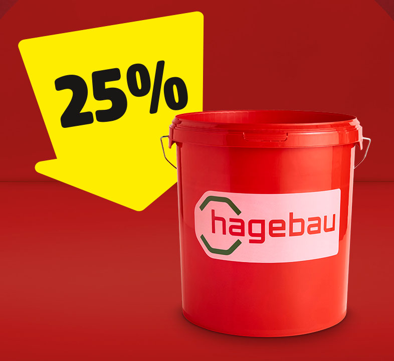 Ein hagebau 10 Liter Eimer und ein gelber Pfeil mit 25% drauf.