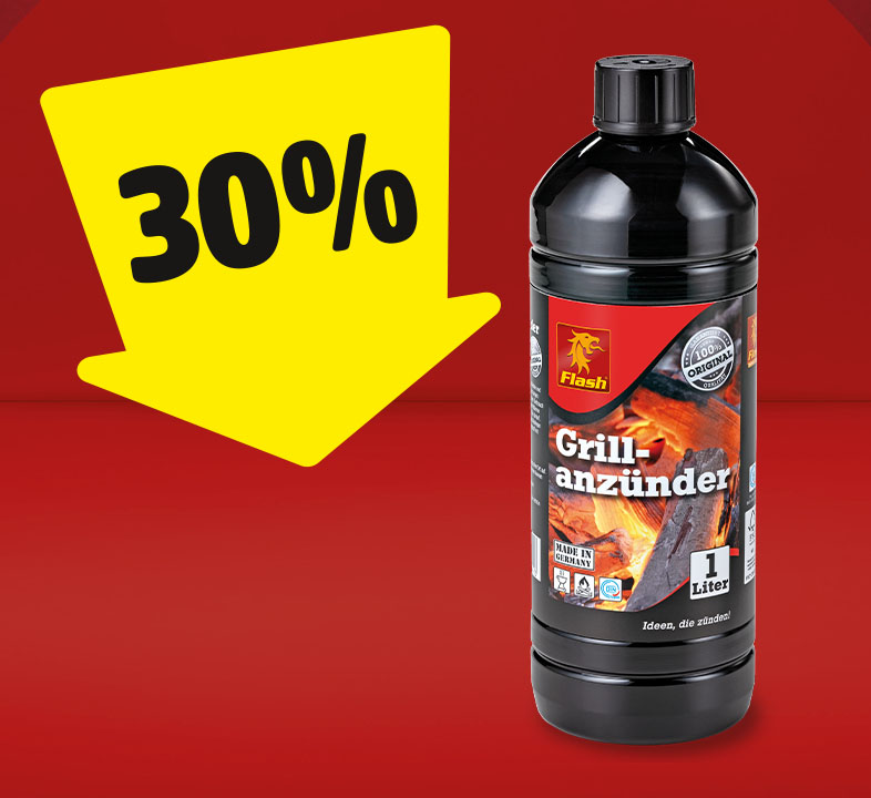 Eine Flasche Grillanzünder und ein gelber Pfeil mit 30% drauf.