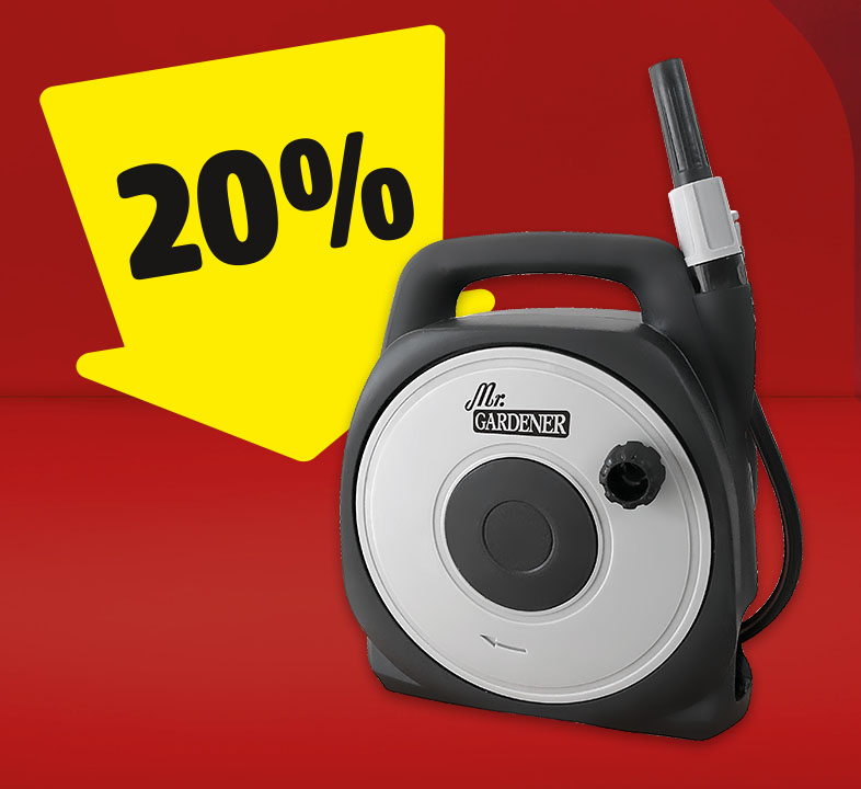 Eine Schlauchabroller und ein gelber Pfeil mit 20% drauf.