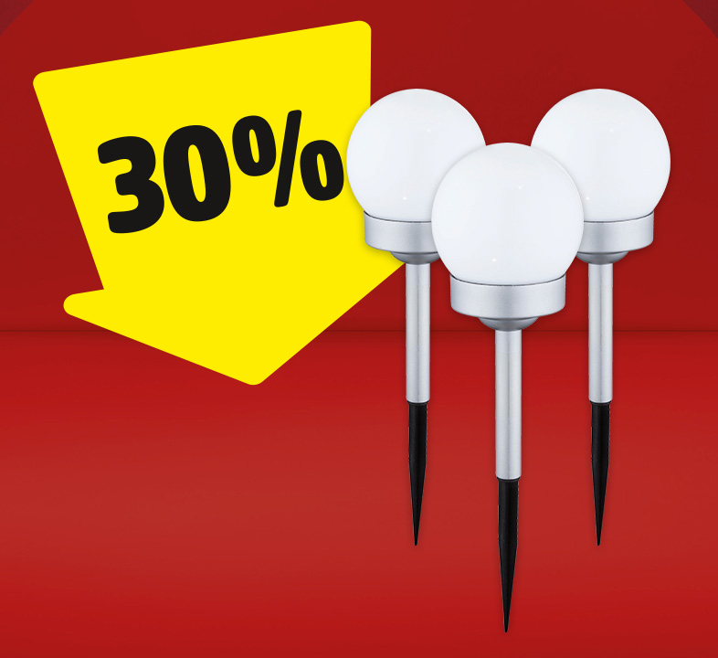 Ein LED-Solarkugelleuchte und ein gelber Pfeil mit 30% drauf.