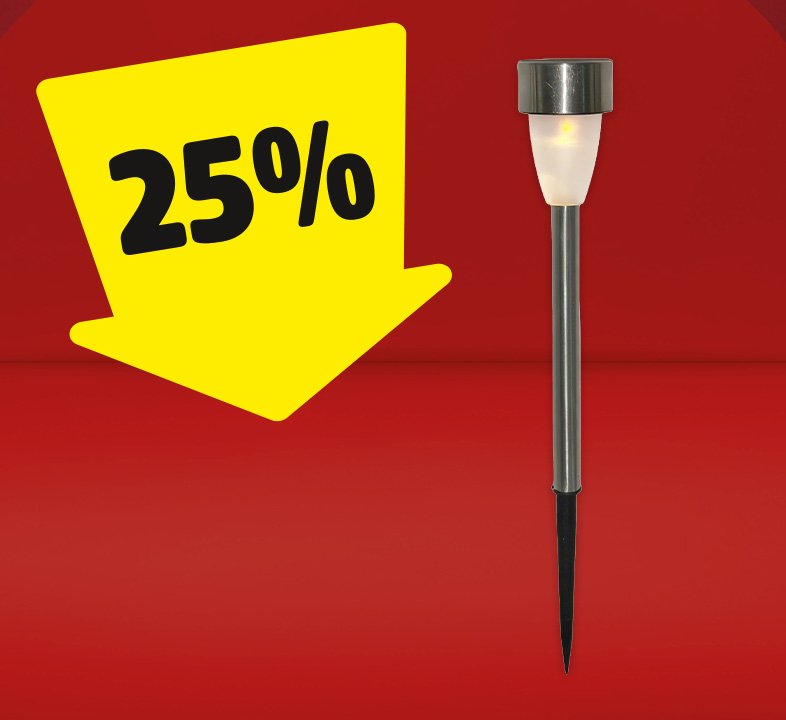 Ein LED-Solarleuchte und ein gelber Pfeil mit 25% drauf.