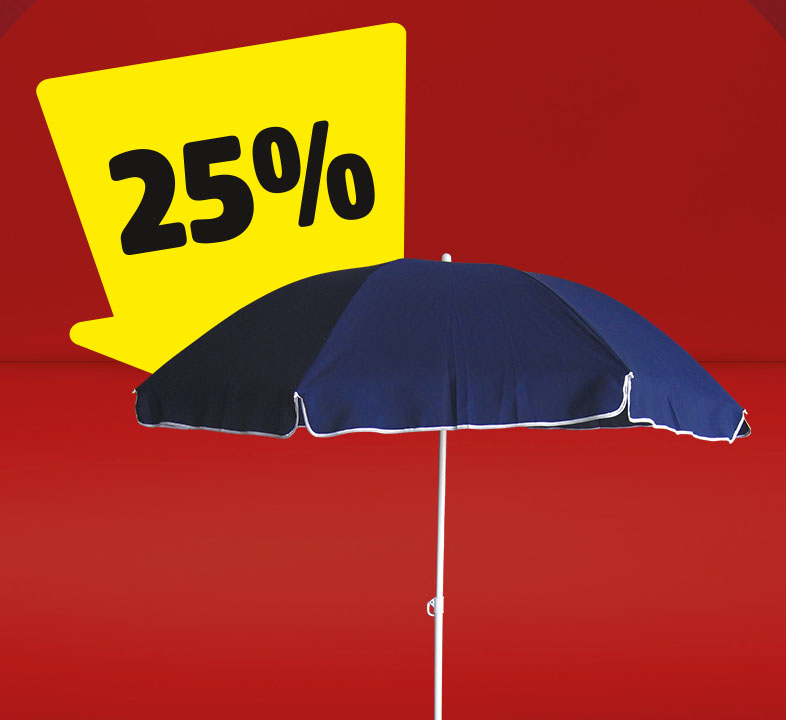 Ein blauer Sonnenschirm und ein gelber Pfeil mit 25% daneben.