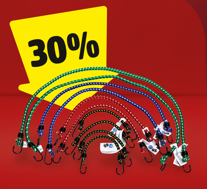 Ein Gepäckspanngurt und ein gelber Pfeil mit 30% daneben.
