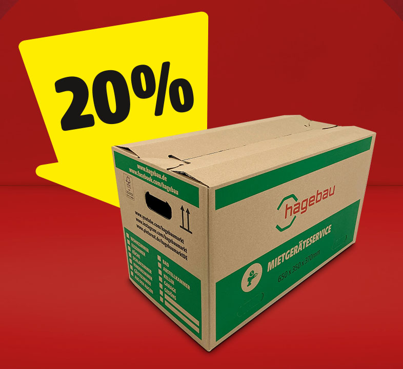 Ein hagebau Umzugskarton und ein gelber Pfeil mit 20% daneben.