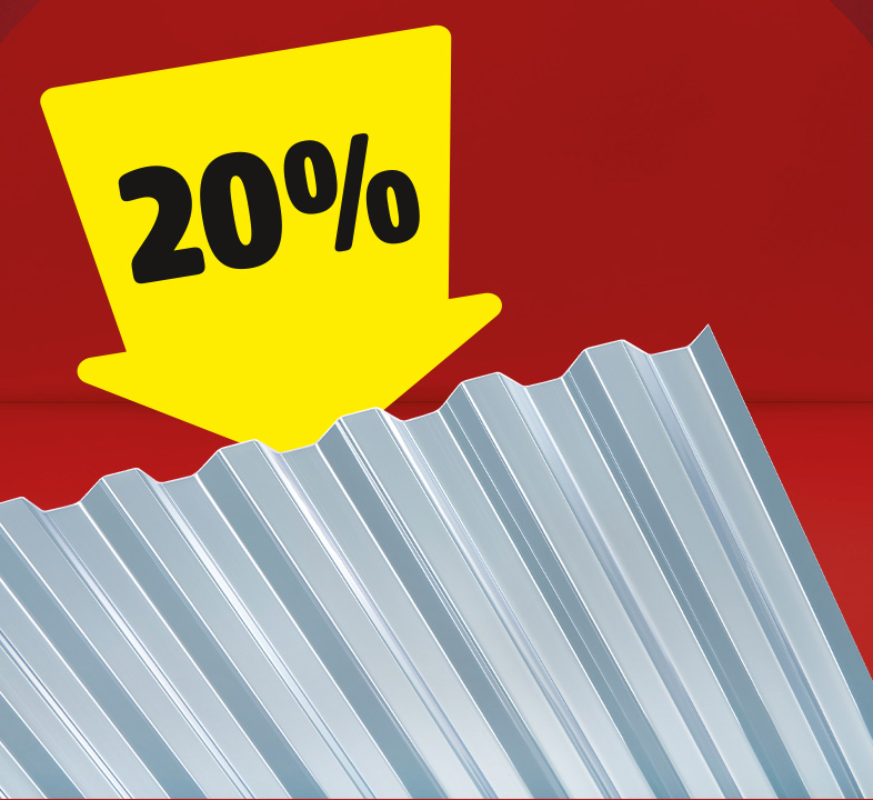 Eine PET-Wellplatte und ein gelber Pfeil mit 20% daneben.