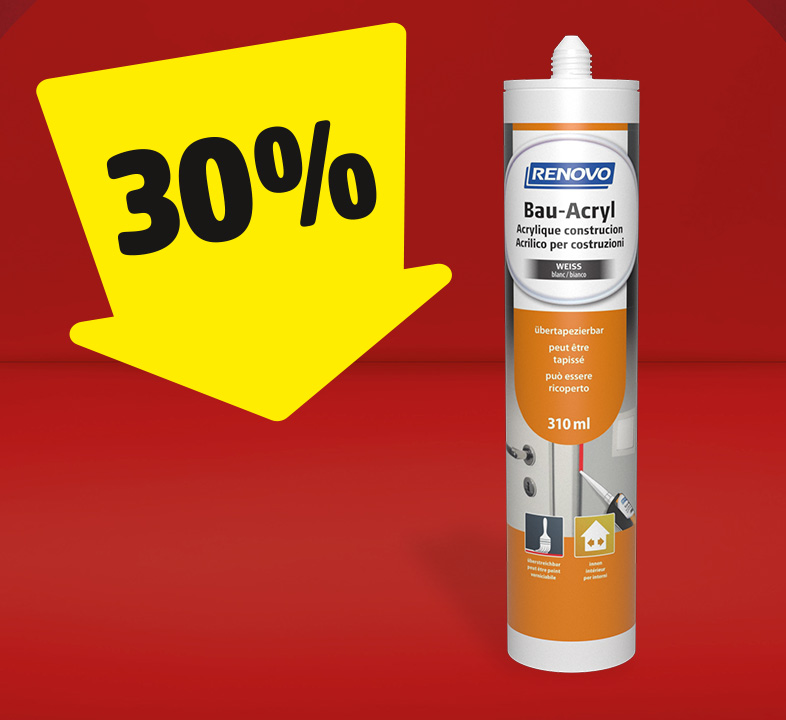 Eine Dose Bau-Acryl, auf der ein gelber Pfeil mit 30% gerichtet ist.