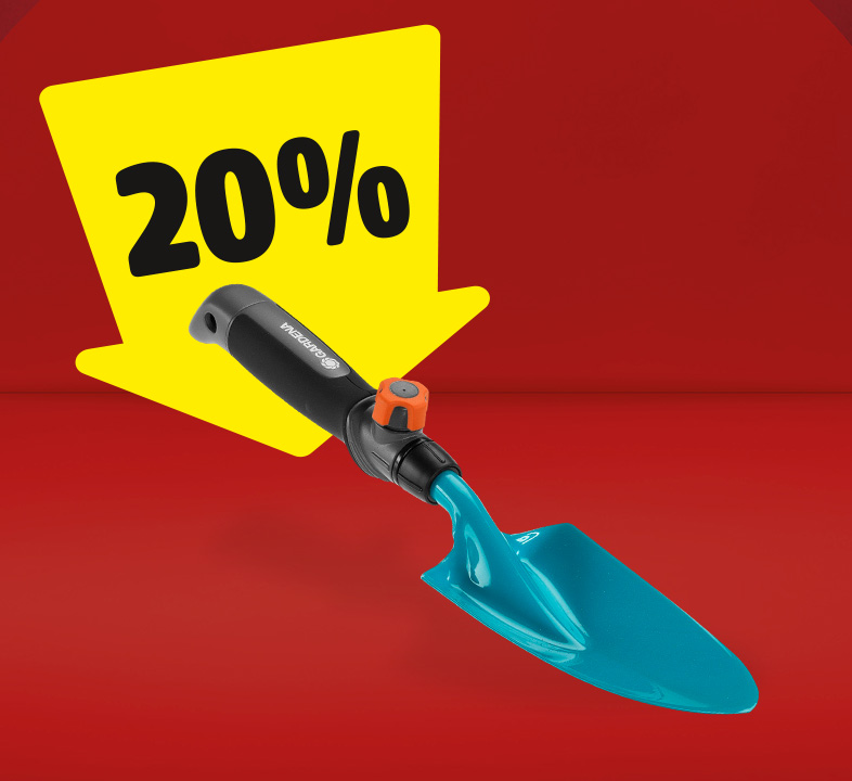 Eine GARDENA Blumenkelle, auf der ein gelber Pfeil mit 20% gerichtet ist.