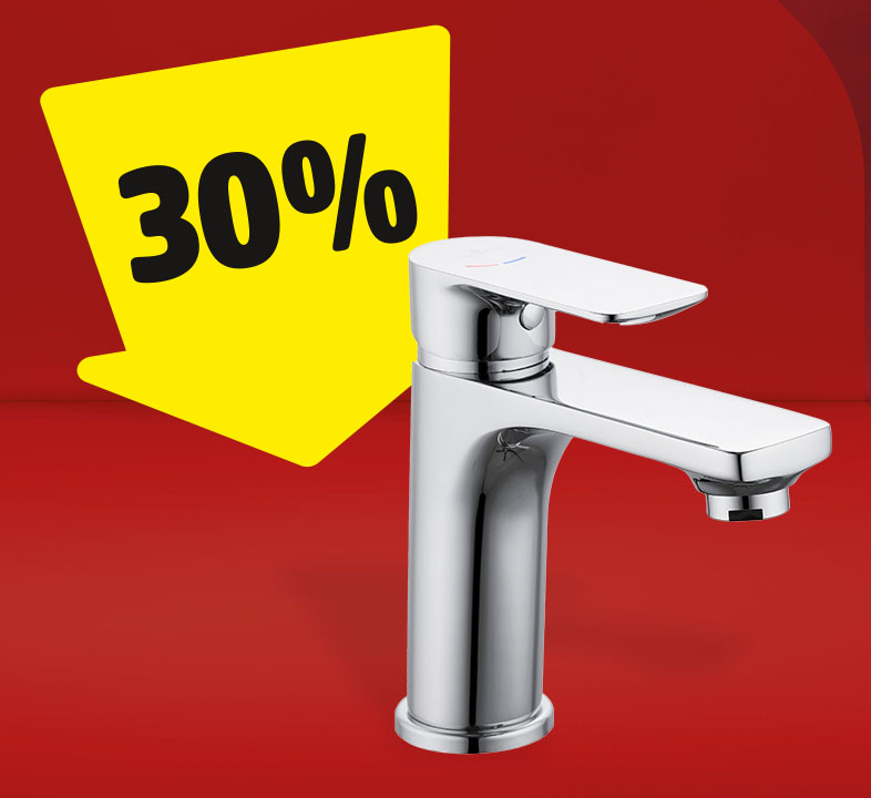 Ein Waschtisch-Einhebelmischer, auf der ein gelber Pfeil mit 30% gerichtet ist.