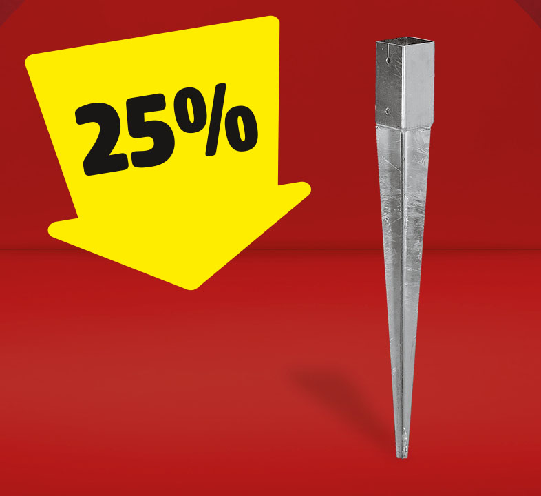 Eine Einschlag-Bodenhülse, auf der ein gelber Pfeil mit 25% gerichtet ist.