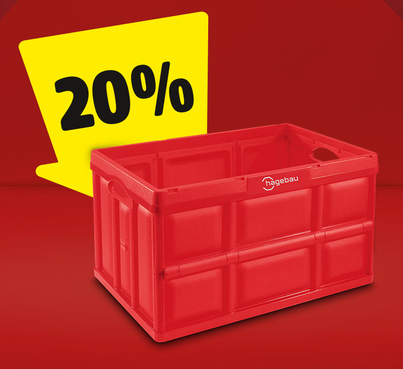 Eine rote hagebau Klappbox, auf der ein gelber Pfeil mit 20% gerichtet ist.