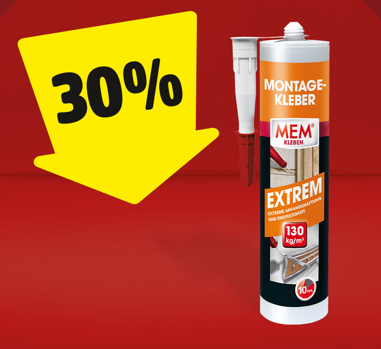 Eine Dose Montagenkleber, auf der ein gelber Pfeil mit 30% gerichtet ist.