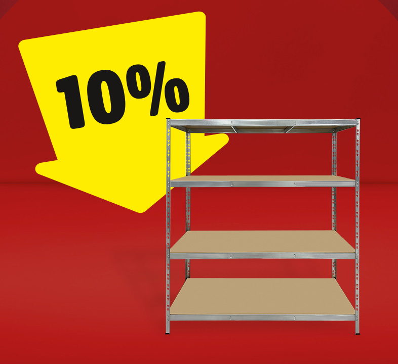 Ein Steckregal, auf der ein gelber Pfeil mit 10% gerichtet ist.
