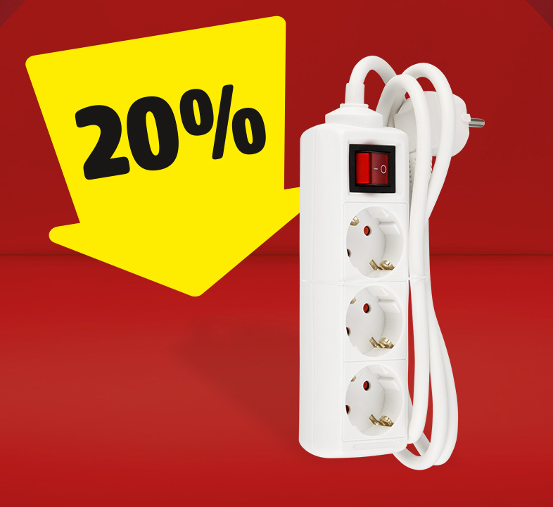 Eine Steckdosenleiste, auf der ein gelber Pfeil mit 20% gerichtet ist.