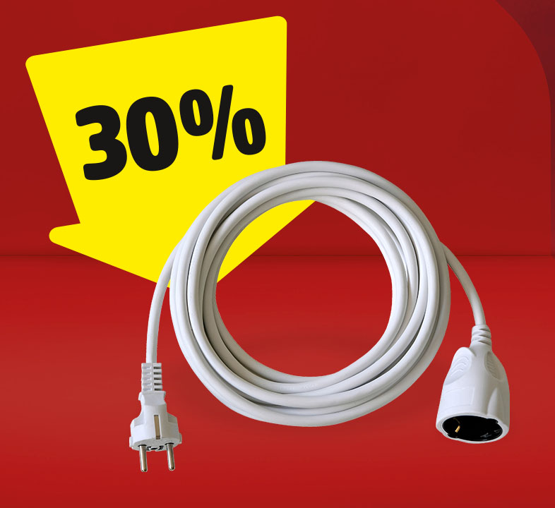 Ein weißes Verlängerungskabel, auf der ein gelber Pfeil mit 30% gerichtet ist.