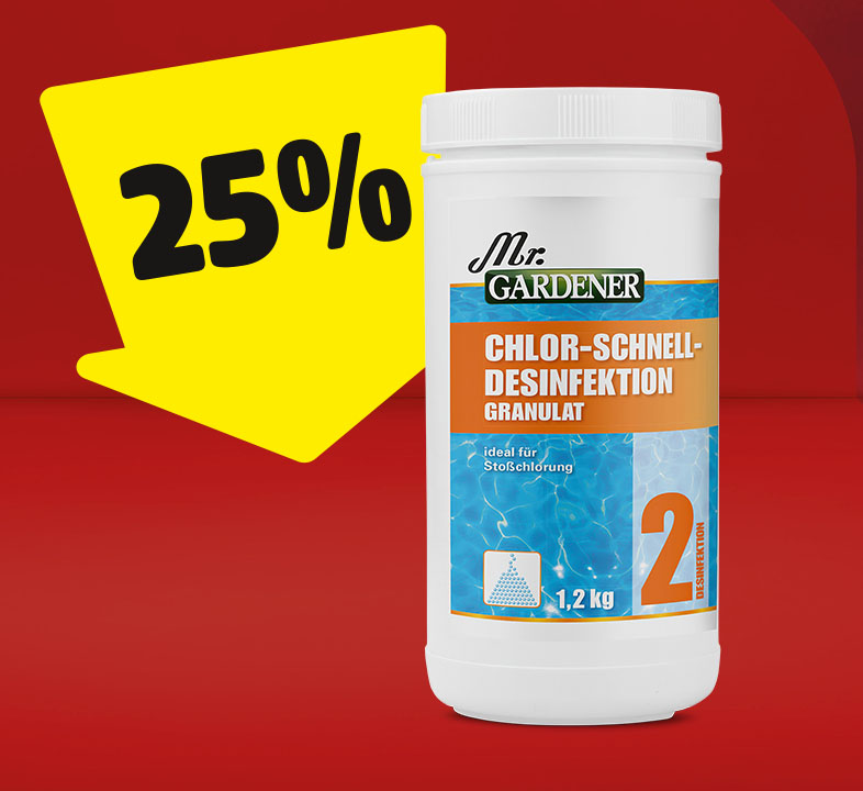 Eine Dose Chlordesinfektionstabletten, auf der ein gelber Pfeil mit 25% gerichtet ist.