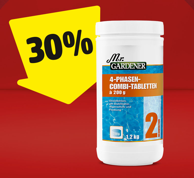 Eine Dose 4-Phasen-Combi-Tabletten, auf der ein gelber Pfeil mit 30% gerichtet ist.