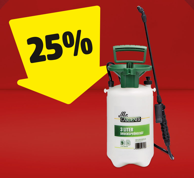 Ein Drucksprühgerät, auf der ein gelber Pfeil mit 25% gerichtet ist.