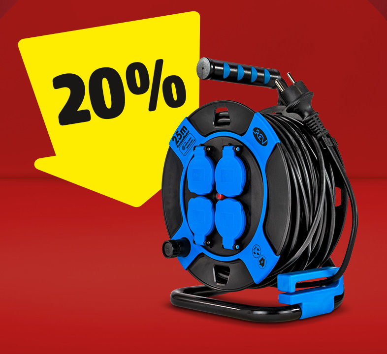 Eine Kabeltrommel, auf der ein gelber Pfeil mit 20% gerichtet ist.