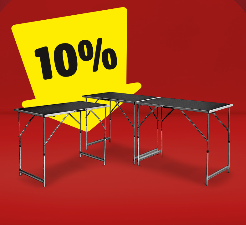 Ein gelber Pfeil auf dem 10% steht, zeigt auf einen Mehrzwecktisch.