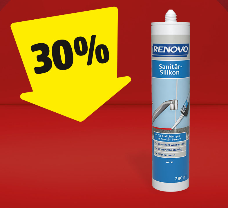 Ein gelber Pfeil auf dem 30% steht, zeigt auf eine Flasche Sanitär-Silikon.