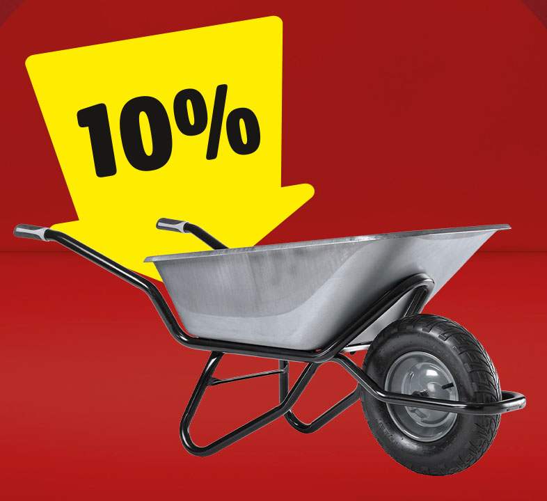 Ein gelber Pfeil auf dem 10% steht, zeigt auf eine Schubkarre.