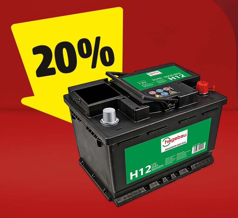 Ein gelber Pfeil auf dem 20% steht, zeigt auf eine hagebau Startbatterie.