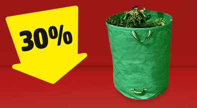 Ein gelber Pfeil mit 30%, der auf einen Gartenabfallsack gerichtet ist.