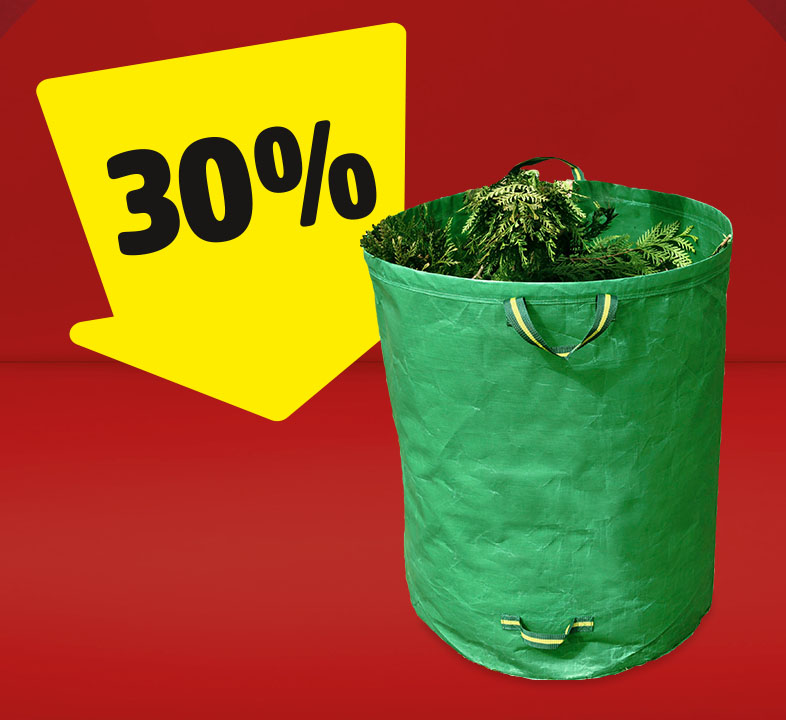 Ein gelber Pfeil mit 30%, der auf einen Gartenabfallsack gerichtet ist.