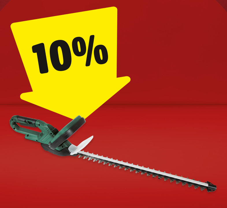 Ein gelber Pfeil mit 10%, der auf eine Akku-Heckenschere gerichtet ist.