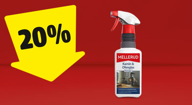 Ein gelber Pfeil mit 20%, der auf eine Sprühflasche Kamin- und Ofenreiniger gerichtet ist.