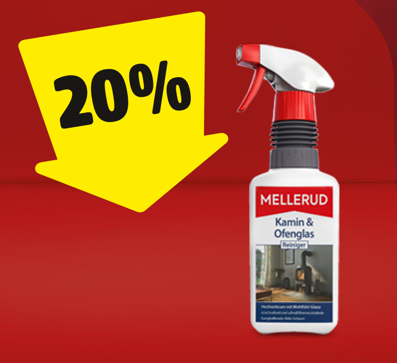 Ein gelber Pfeil mit 20%, der auf eine Sprühflasche Kamin- und Ofenreiniger gerichtet ist.