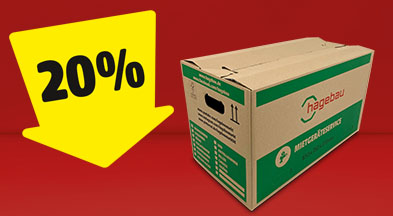 Ein gelber Pfeil mit 20%, der auf einen hagebau Umzugskarton gerichtet ist.