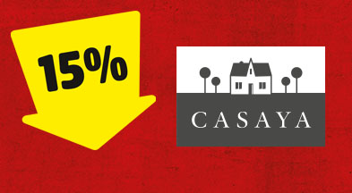 Ein gelber Pfeil mit 15% zeigt auf das Markenlogo von CASAYA