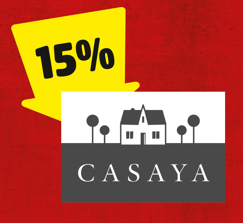 Ein gelber Pfeil mit 15% zeigt auf das Markenlogo von CASAYA