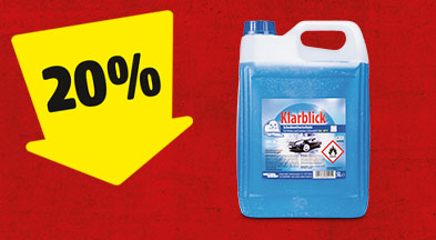 Ein gelber Pfeil mit 20% zeigt auf einen Kanister Scheibenfrostschutz