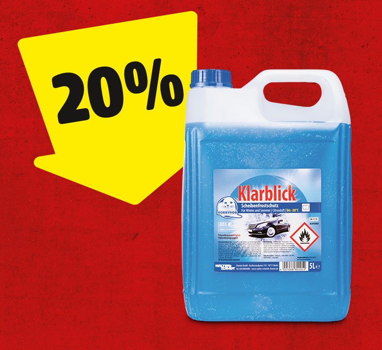 Ein gelber Pfeil mit 20% zeigt auf einen Kanister Scheibenfrostschutz