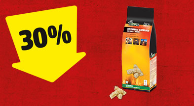 Ein gelber Pfeil mit 30% zeigt auf einen Sack Holzwolle