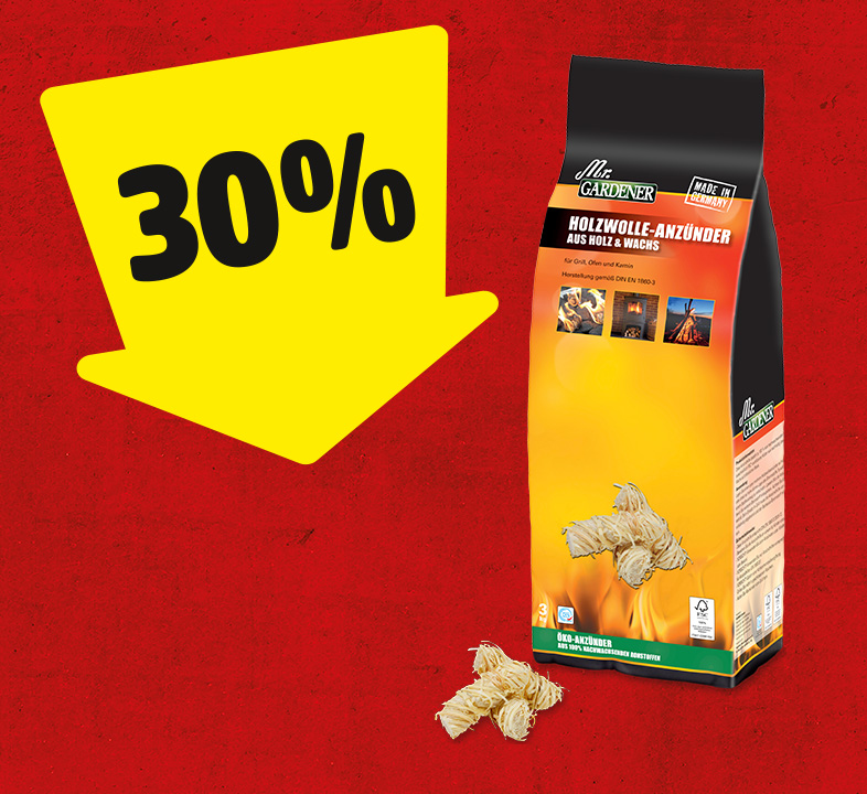 Ein gelber Pfeil mit 30% zeigt auf einen Sack Holzwolle