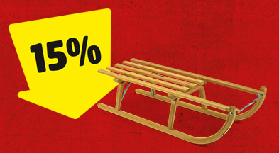 Ein gelber Pfeil mit 15% zeigt auf einen Schlitten