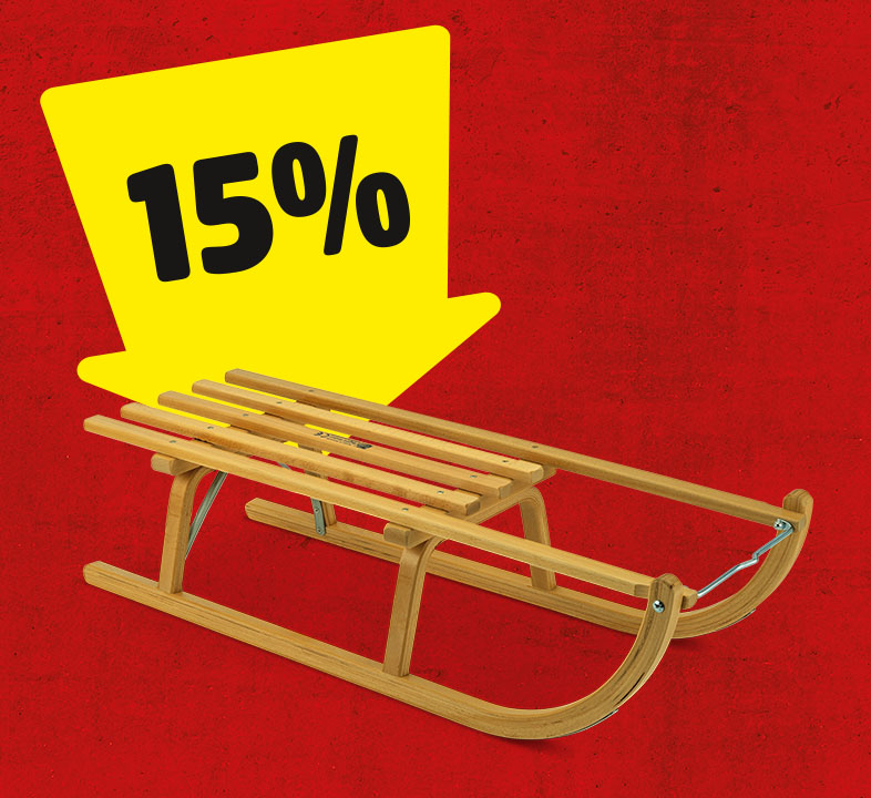 Ein gelber Pfeil mit 15% zeigt auf einen Schlitten