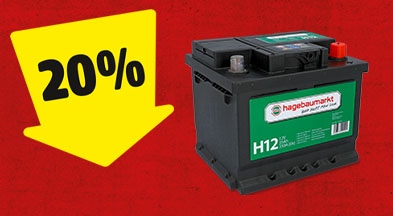 Ein gelber Pfeil mit 20% zeigt auf eine Autobatterie