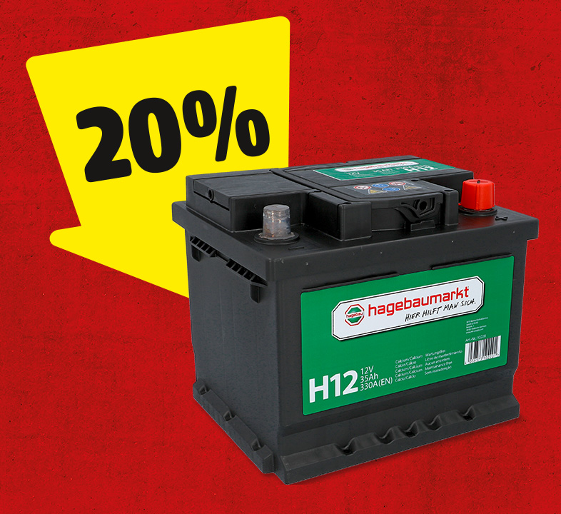 Ein gelber Pfeil mit 20% zeigt auf eine Autobatterie