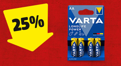 Ein gelber Pfeil mit 25% zeigt auf einen Packung VARTA Batterien